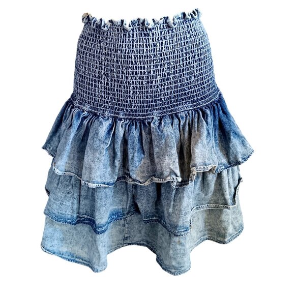 Vintage Acid Wash Skirt Large Valley Girl 1980's Blue Tiered Denim Smocked Waist - Picture 1 of 7